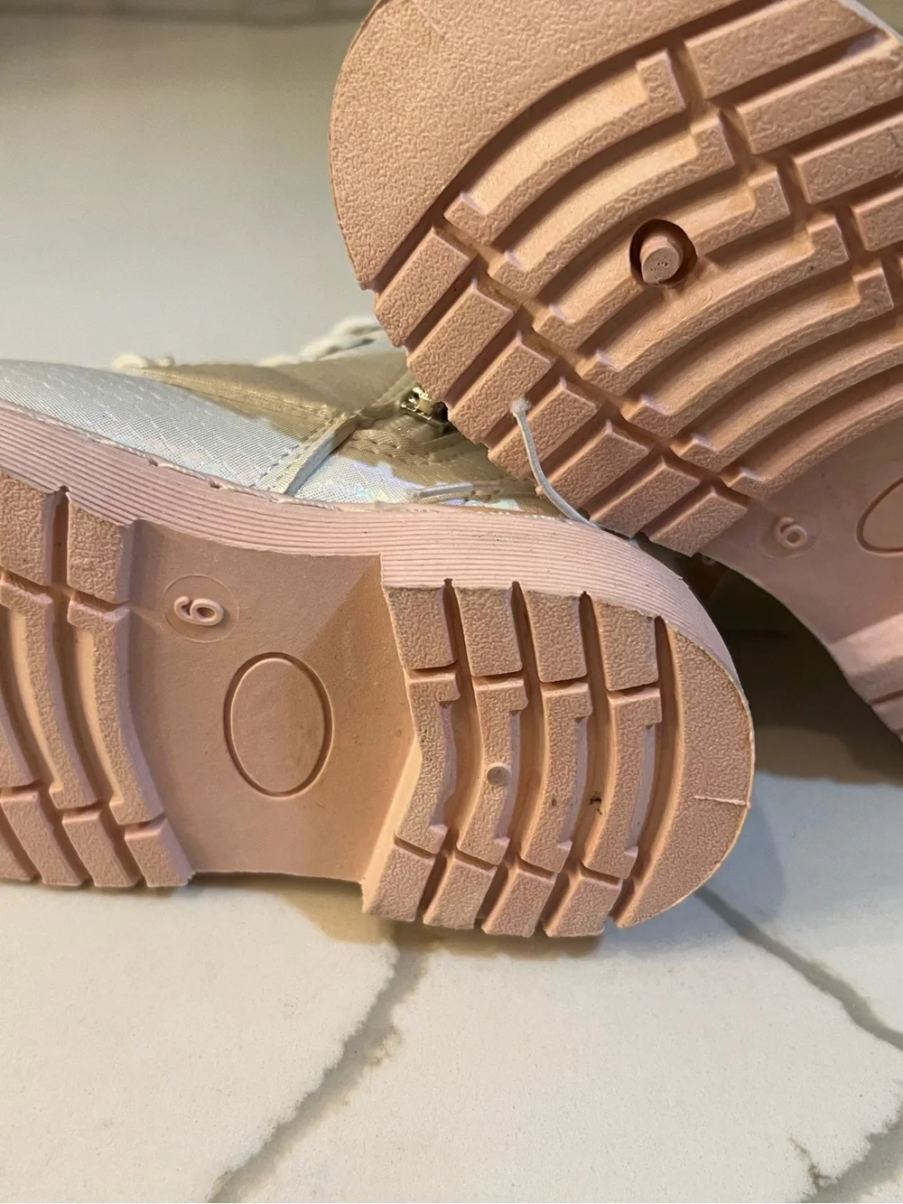Tahari Kids Iridescent White Lace-Up Boots with Pink Soles